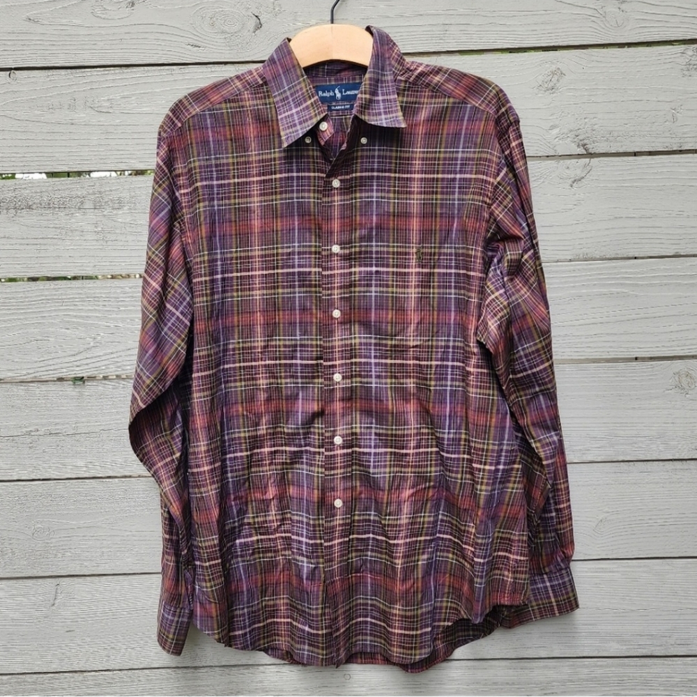 Ralph Lauren Classic Fit Cotton Plaid Button Down Brown Purple Multi Sz XL
